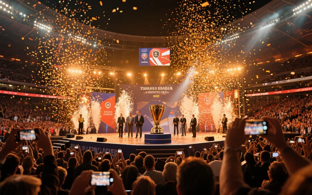 决赛颁奖与捧杯庆典的舞台灯光与彩纸氛围，观众记录高潮时刻